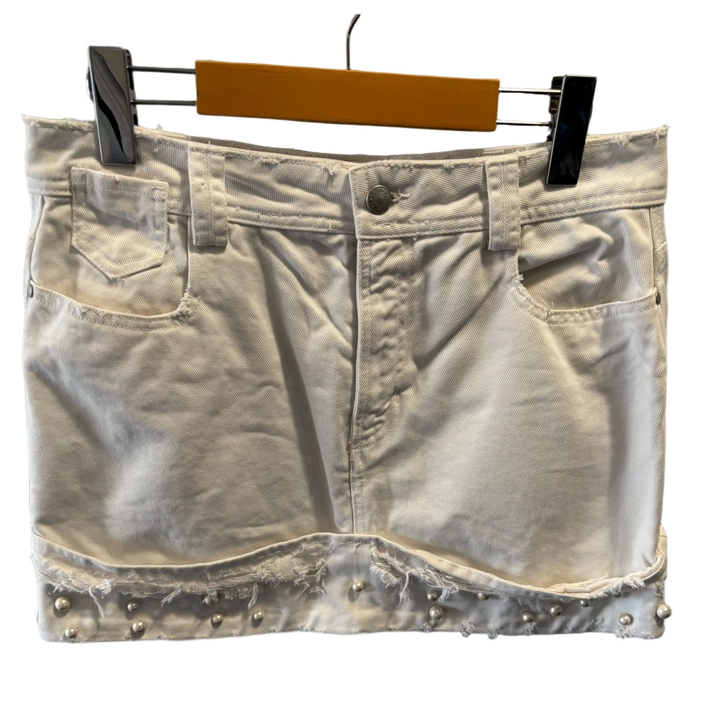 Zara White Pearl Denim Mini Skirt Frayed Hem Size L Distressed Festival Concert - Picture 3 of 9